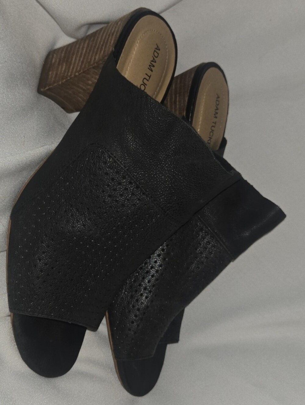 Adam Tucker Black Perforated Leather Open-Toe Mules